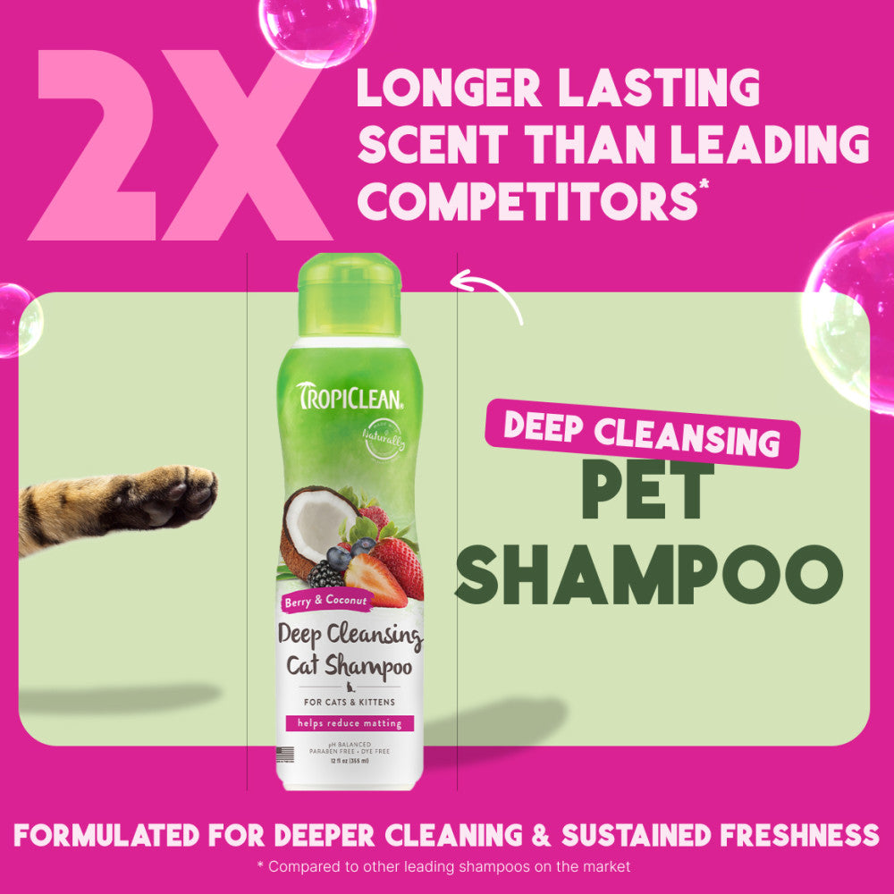 TropiClean Berry & Coconut Deep Cleansing Shampoo for Cats & Kittens, bottle with promotional text on a pink background