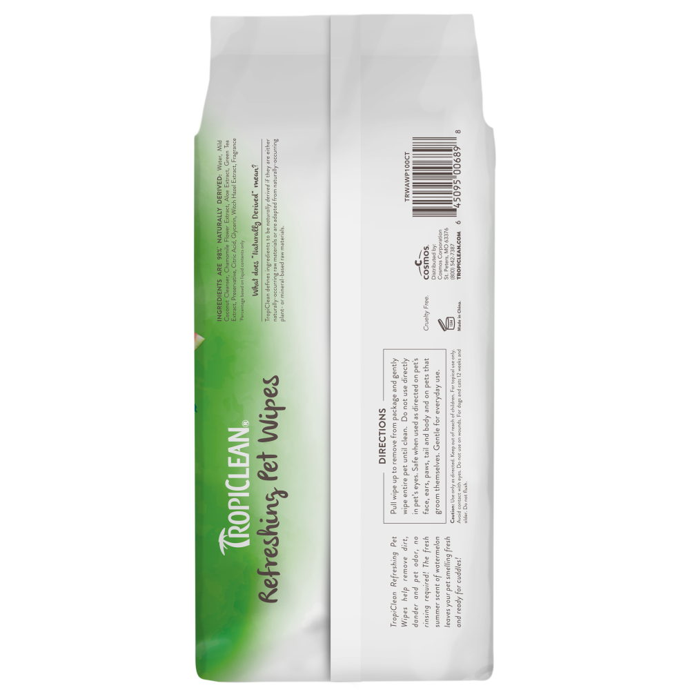 TropiClean Watermelon 2-In-1 Refreshing Wipes for Dogs & Cats, back view of package