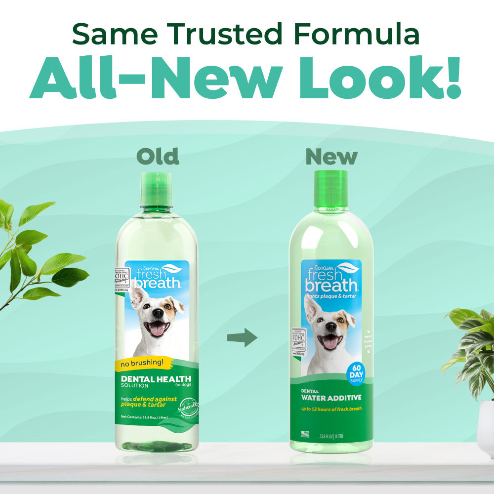 Comparison of old and new bottles of TropiClean Fresh Breath Oral Care Water Additive for Pets with a green background.