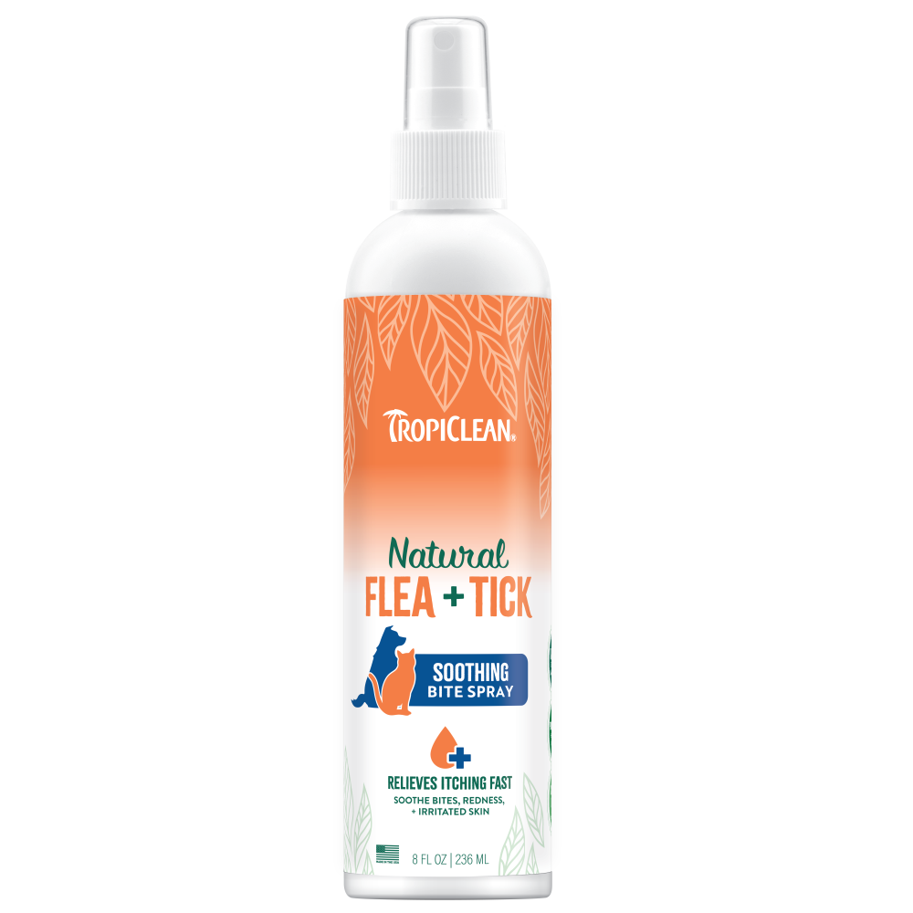 TropiClean Natural Flea + Tick Bite Relief Spray for Pets, front image of bottle