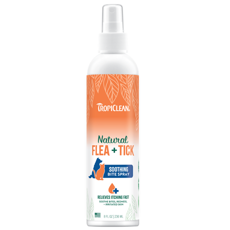 TropiClean Natural Flea + Tick Bite Relief Spray for Pets, front image of bottle