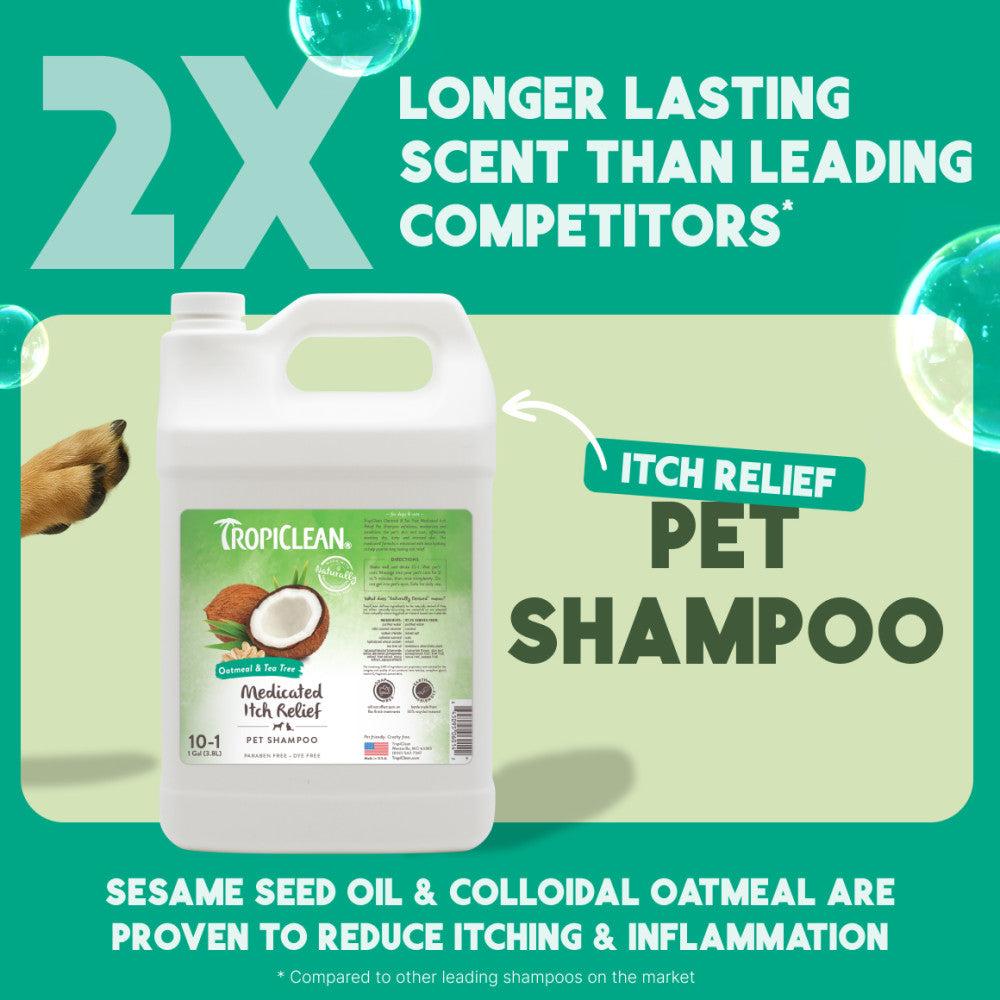 TropiClean Oatmeal & Tea Tree Medicated Itch Relief Shampoo for Pets container with promotional text on a green background