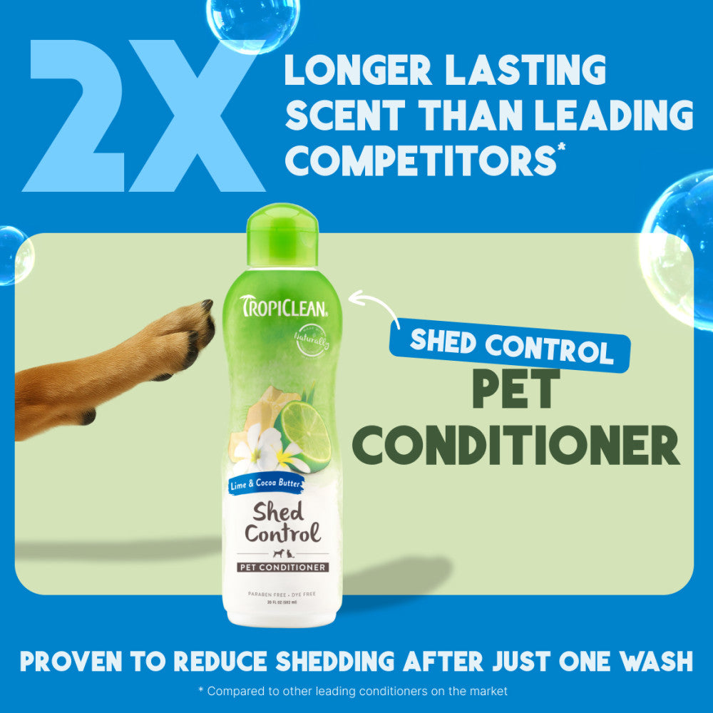 Tropiclean Shed Control Pet Conditioner bottle with promotional text