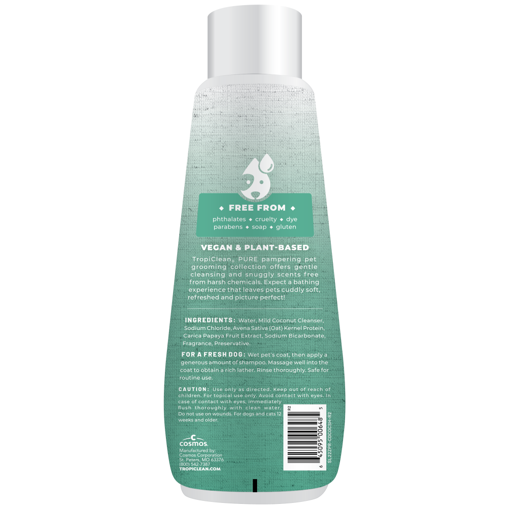 TropiClean PURE Cuddly Clean Odor Control Plant Based Dog Shampoo, back of 22oz bottle