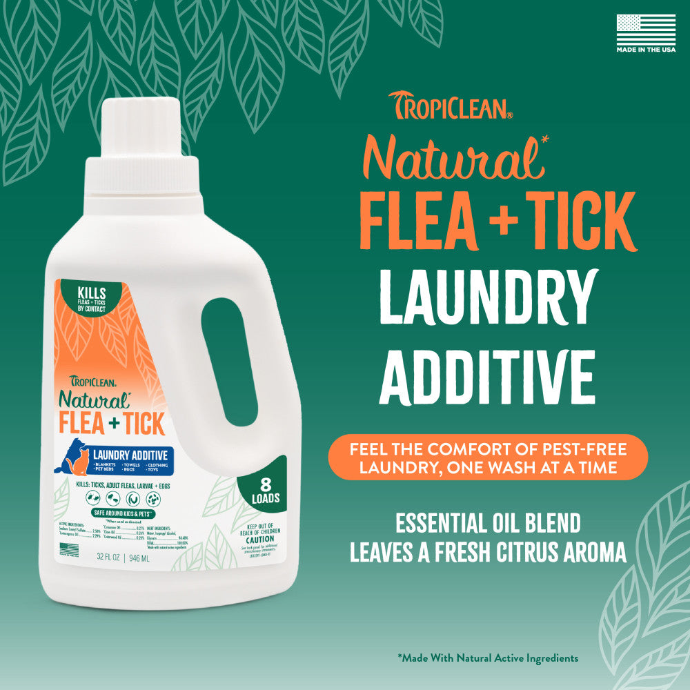 TropiClean Natural Flea + Tick Laundry Additive, bottle on a green background with text.