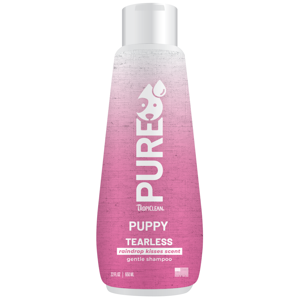 TropiClean PURE Raindrop Kisses Tearless Plant-Based Puppy Shampoo, front of 22oz bottle