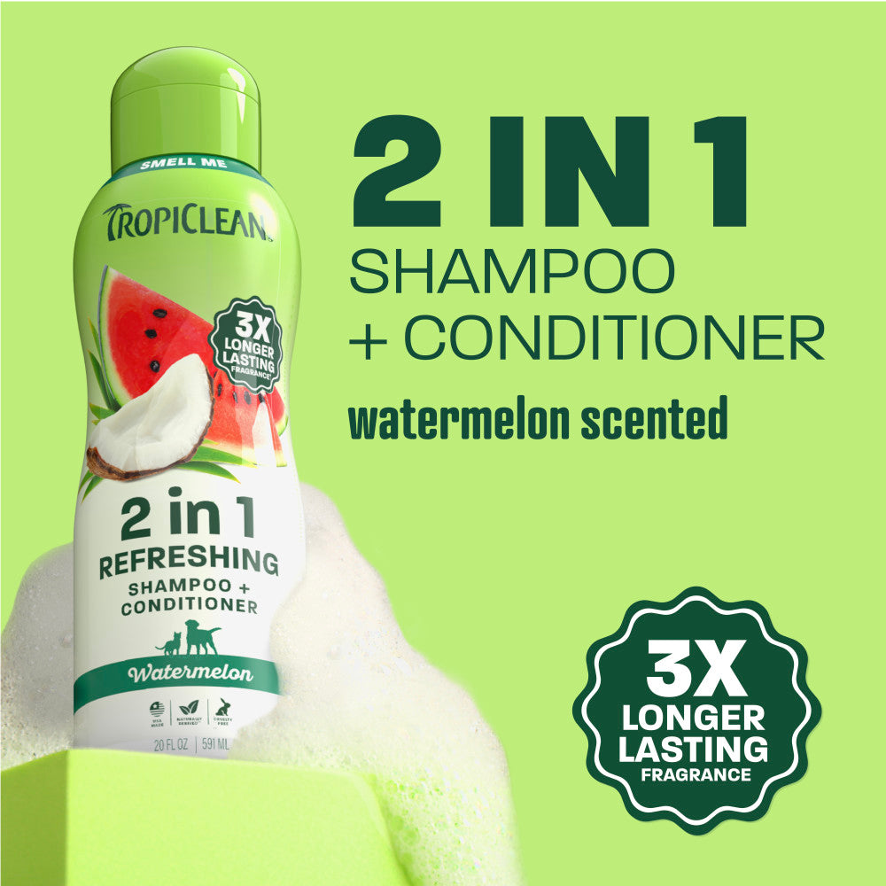 TropiClean watermelon shampoo on light green background.