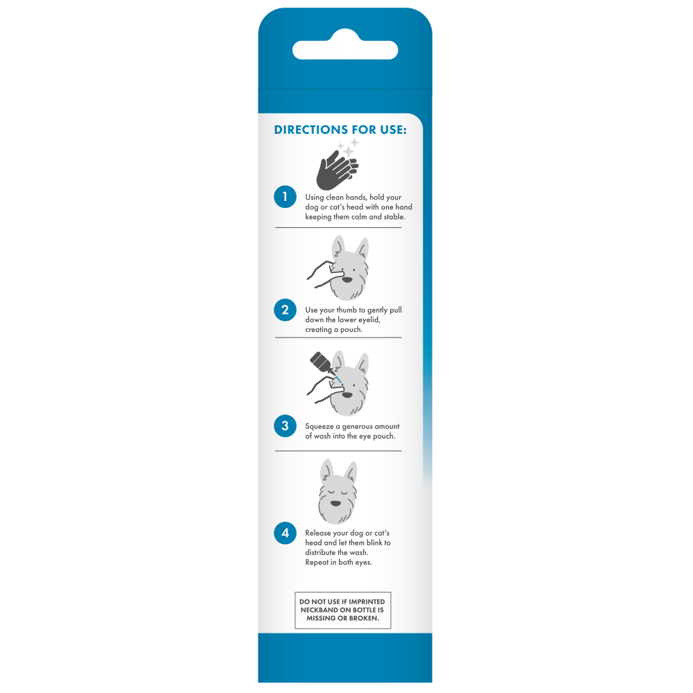 TropiClean HomeVet Soothing Eye Wash for Dogs & Cats, back of package with Instructions