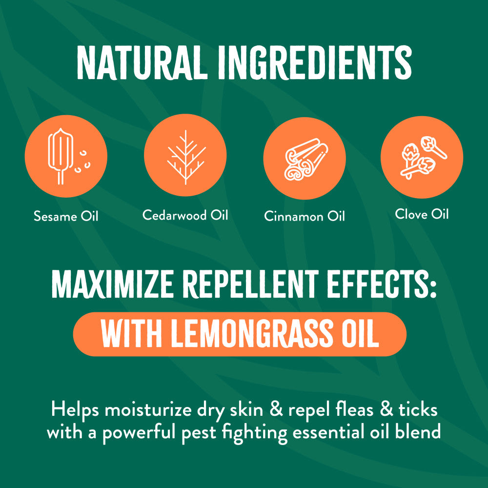 TropiClean Natural Flea and Tick Maximum Strength Shampoo for Dogs. Promotional graphic for natural ingredients with icons and text on a green background