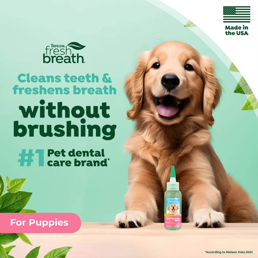 Dog with TropiClean Fresh Breath Dental Gel for Puppies and text about the product's benefits on a green background