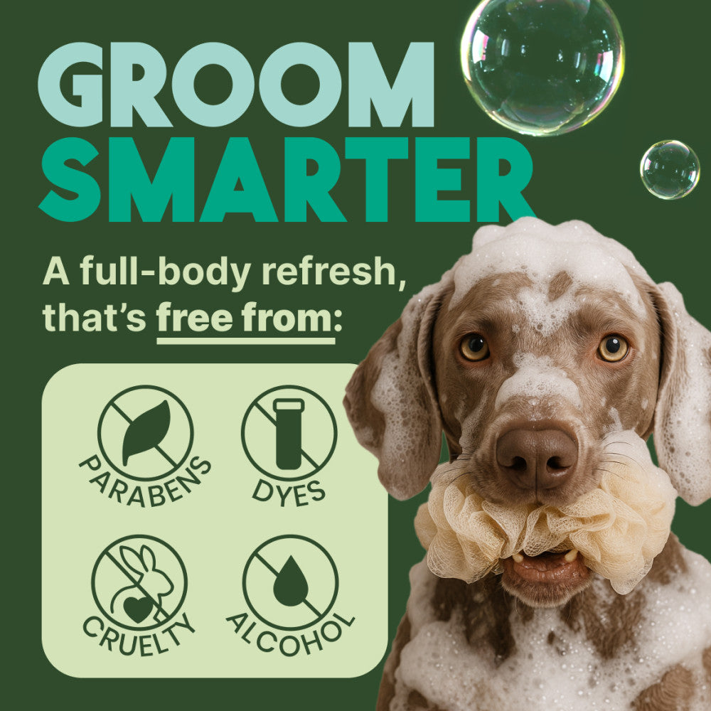 TropiClean Oatmeal & Tea Tree Medicated Itch Relief Shampoo for Pets. Dog with soap suds on a green background with text 'Groom Smarter' and product benefits.