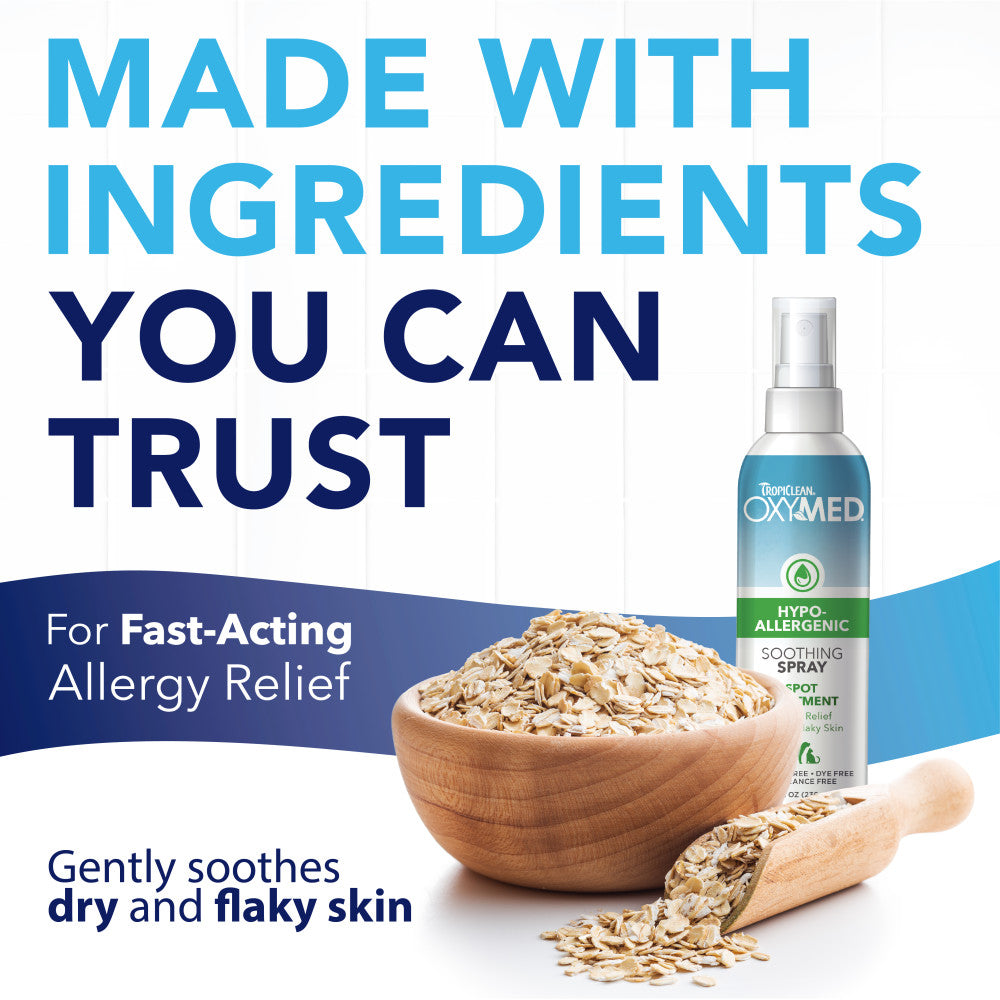 TropiClean OxyMed Hypoallergenic Anti Itch Spray for Dogs and Cats bottle with a bowl of oats and text about allergy relief and skin care.
