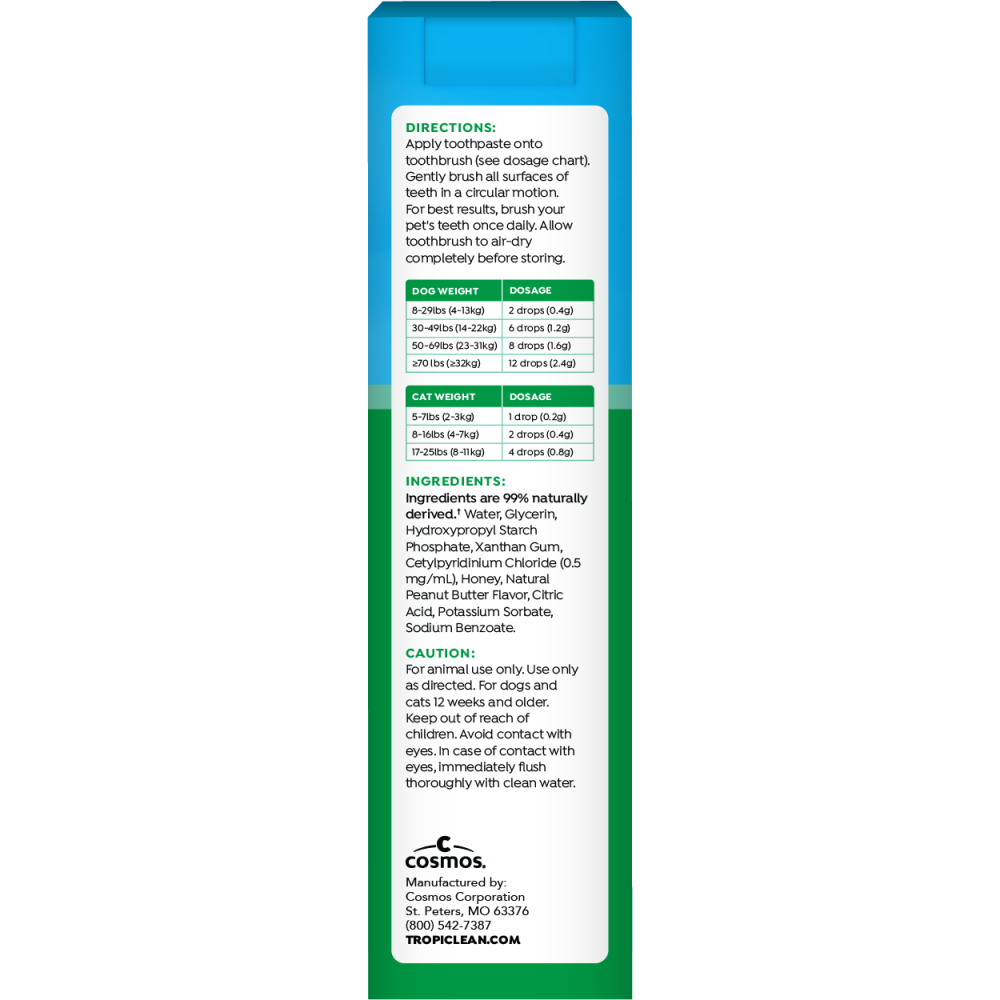 TropiClean Fresh Breath Peanut Butter Oral Care Kit for Dogs & Cats, back of package