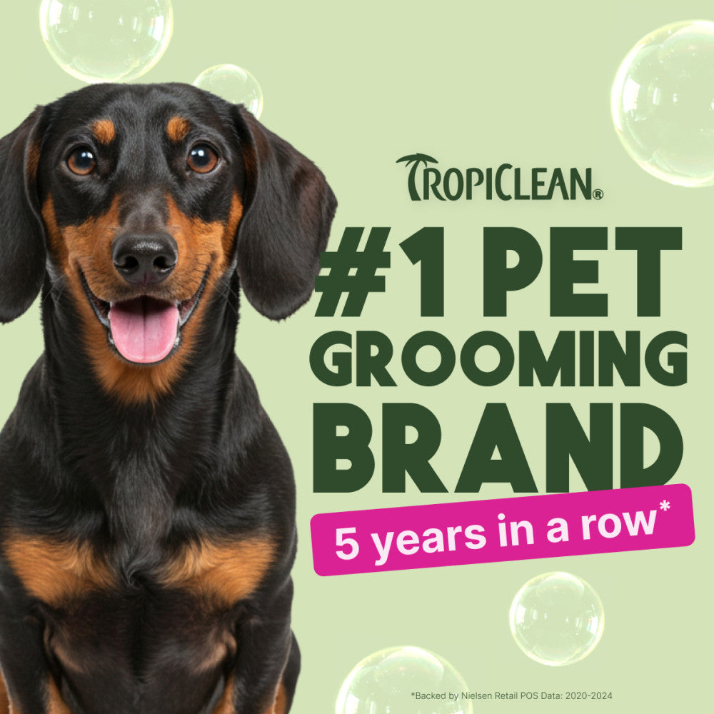 Dog with TropiClean branding claiming to be #1 pet grooming brand for 5 years in a row on a light green background.