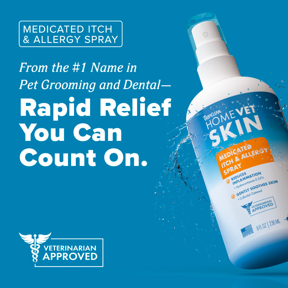 Bottle ofTropiClean HomeVet Medicated Itch & Allergy Pet Spray with text about rapid relief.