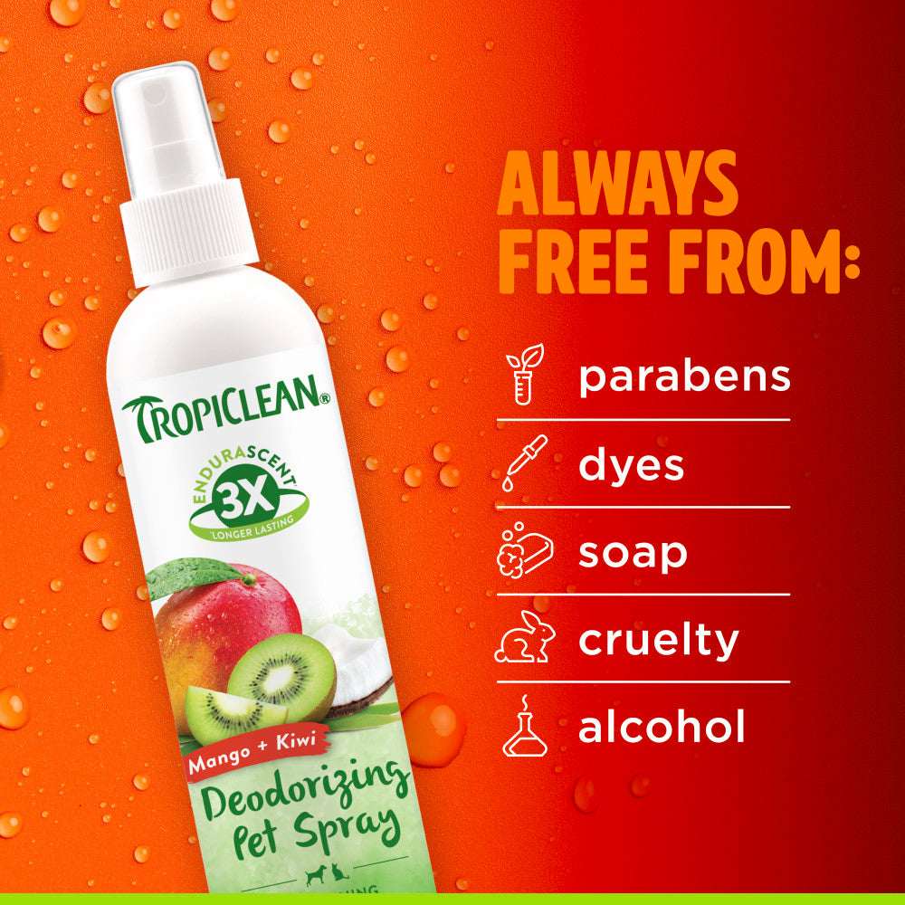 TropiClean EnduraScent Mango Kiwi Pet Deodorizing Spray, bottle with ingredients list on an orange background