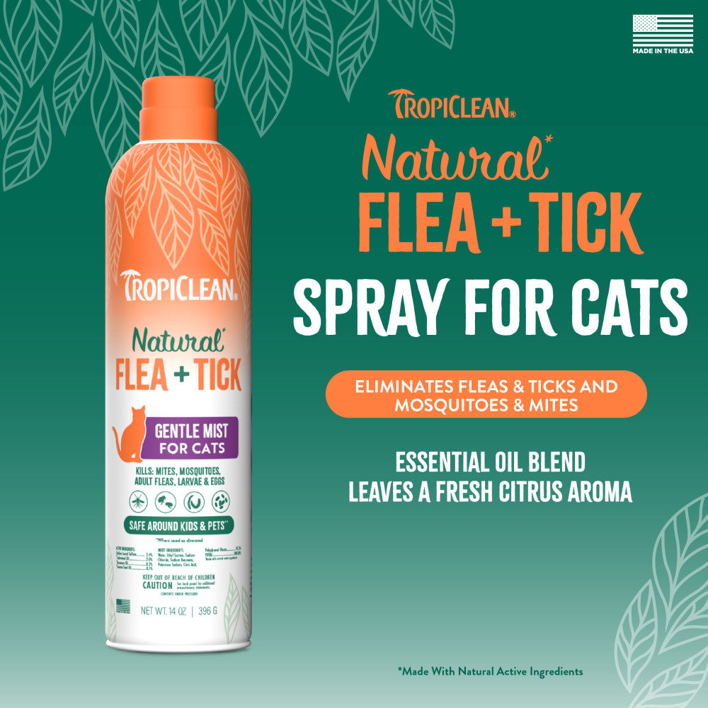 TropiClean Natural Flea + Tick Cat + Home Easy Mist Spray for cats on a green background with text.