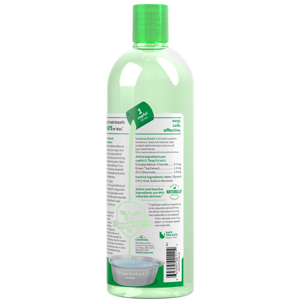 TropiClean Fresh Breath Oral Care Water Additive for Pets, back image of 33oz bottle