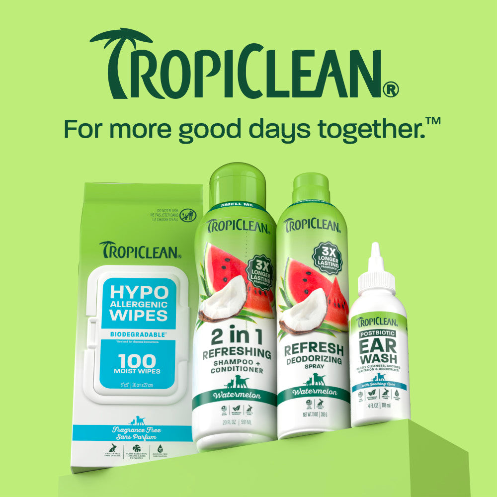 TropiClean line up on light green background.