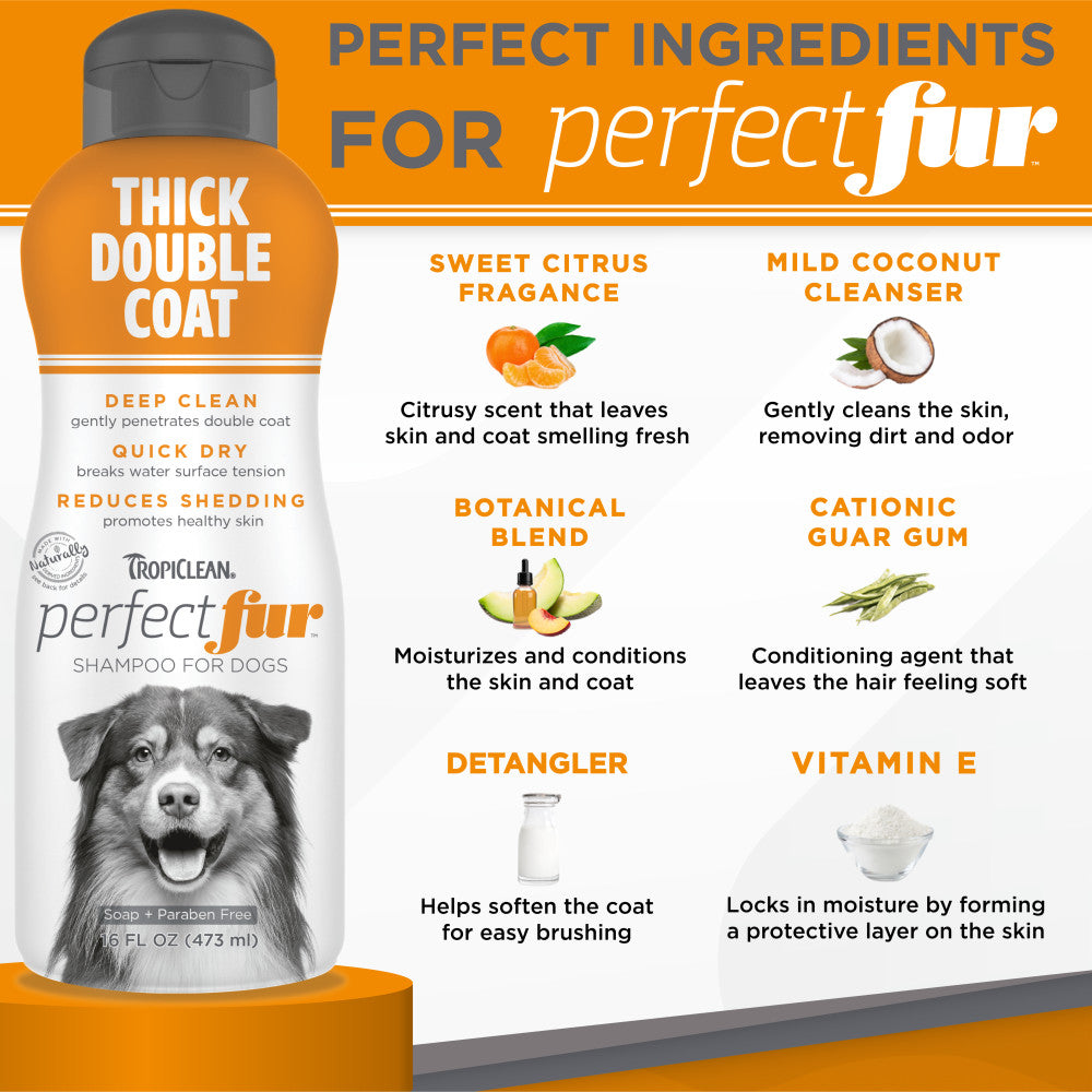 TropiClean Perfect Fur Thick Double Coat Shampoo for Dogs. Shampoo bottle with ingredients listed on an orange and white background