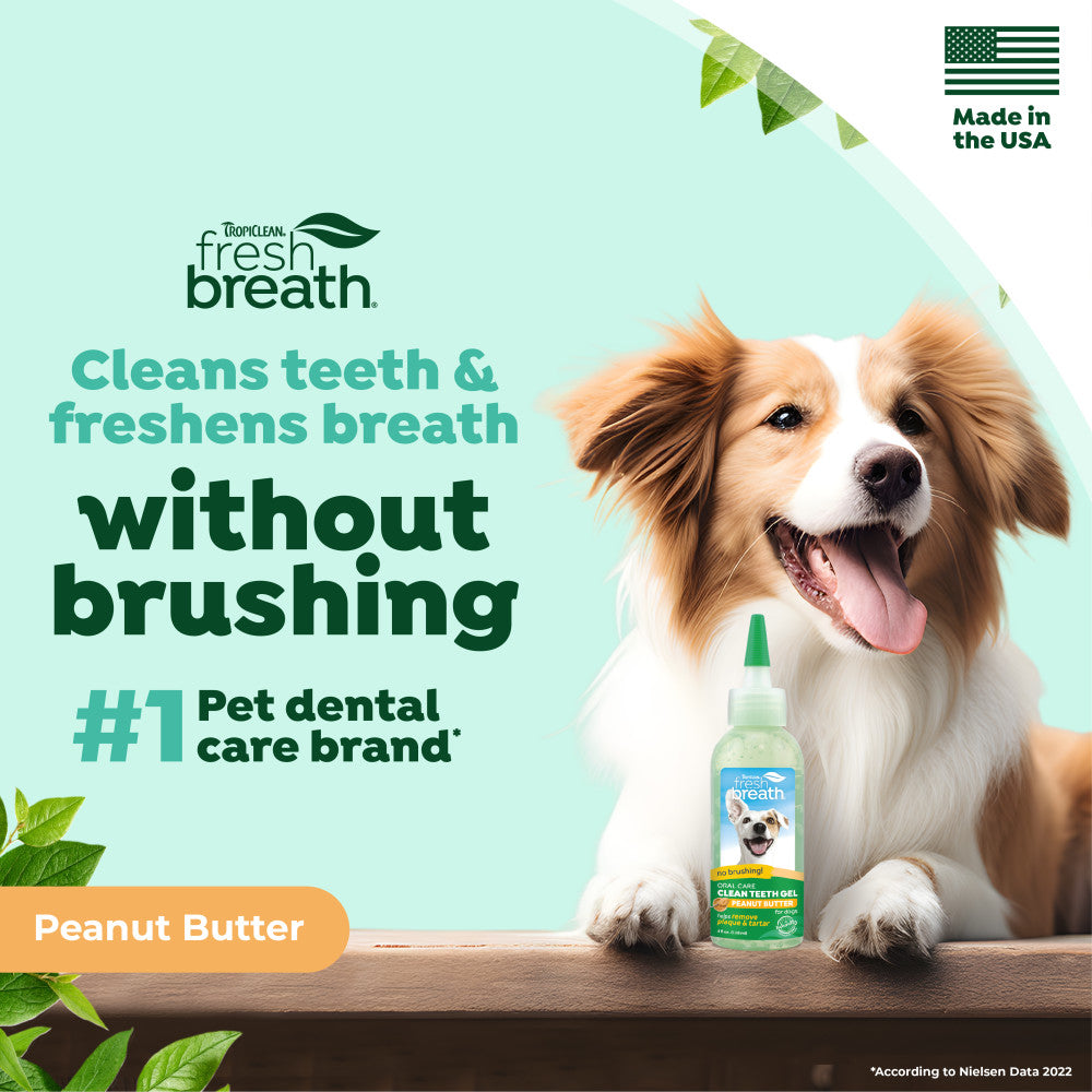 Dog with a bottle of TropiClean Fresh Breath Peanut Butter Dental & Oral Care Gel for Dogs, with text about pet dental care.