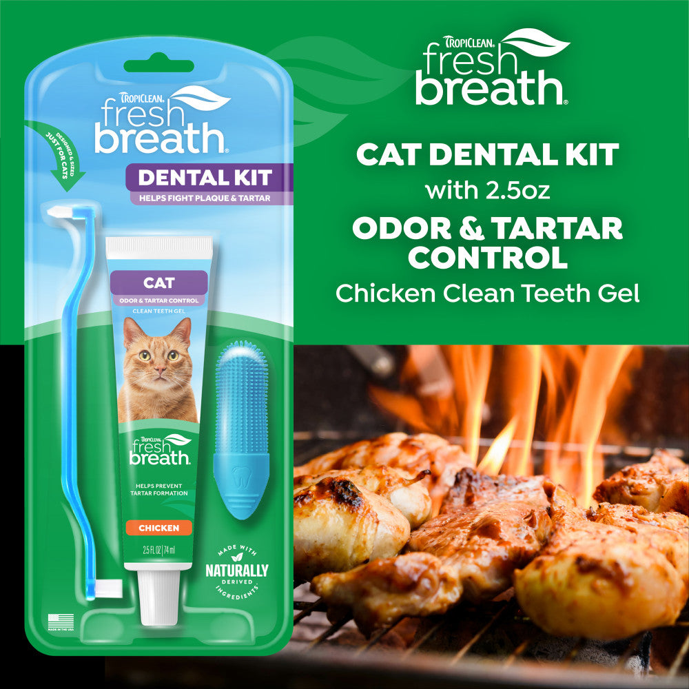 TropiClean Fresh Breath Odor & Tartar Control Dental Kit for Cats packaging with chicken on a grill in the background