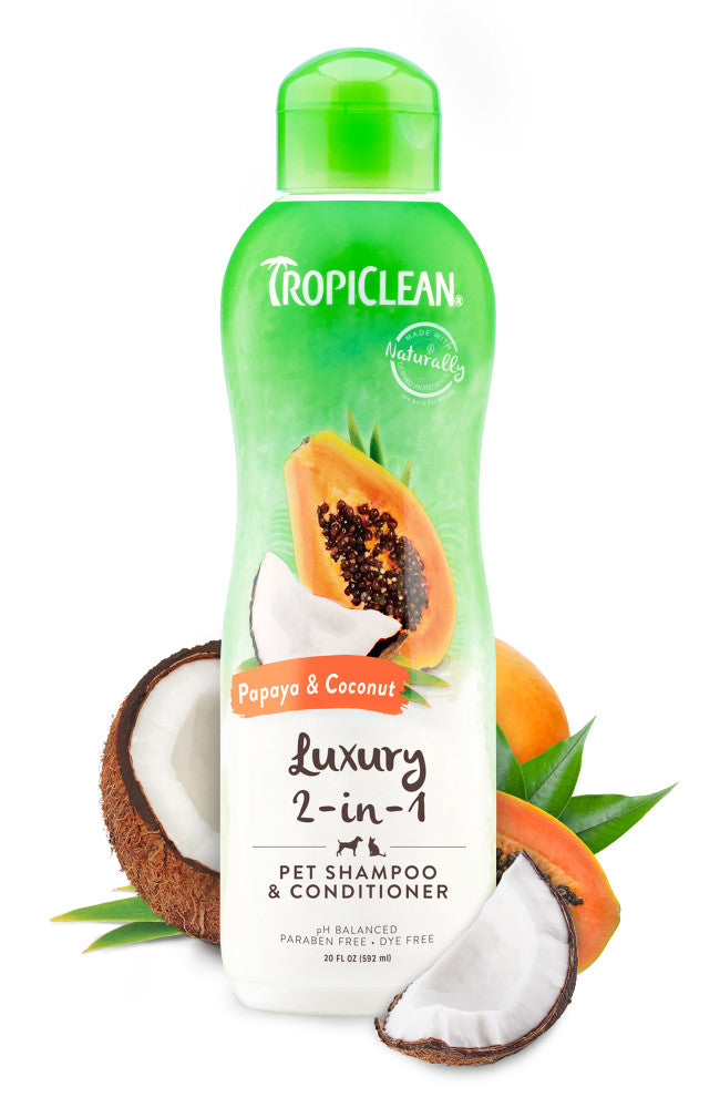 TropiClean Papaya & Coconut 2-In-1 Shampoo and Conditioner for Pets, image of bottle with coconuts and papayas