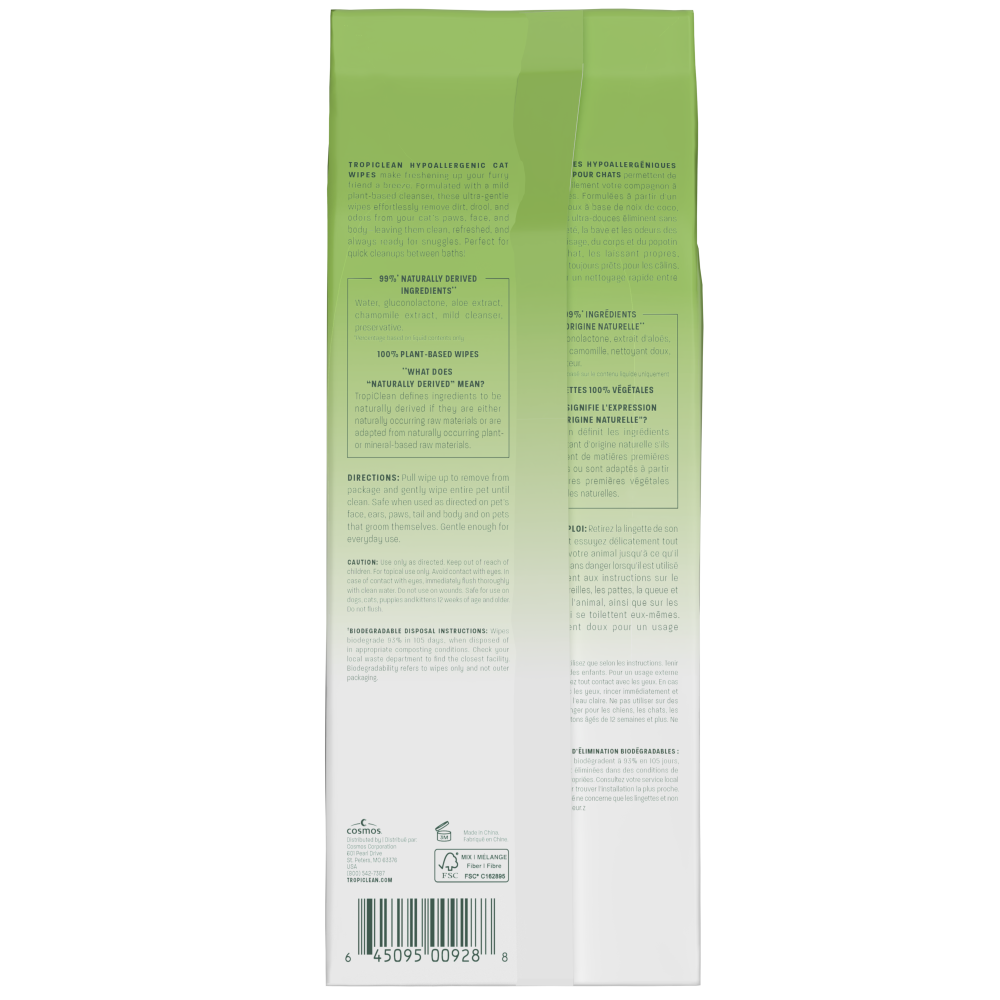TropiClean Hypoallergenic Cat Wipes, 100ct