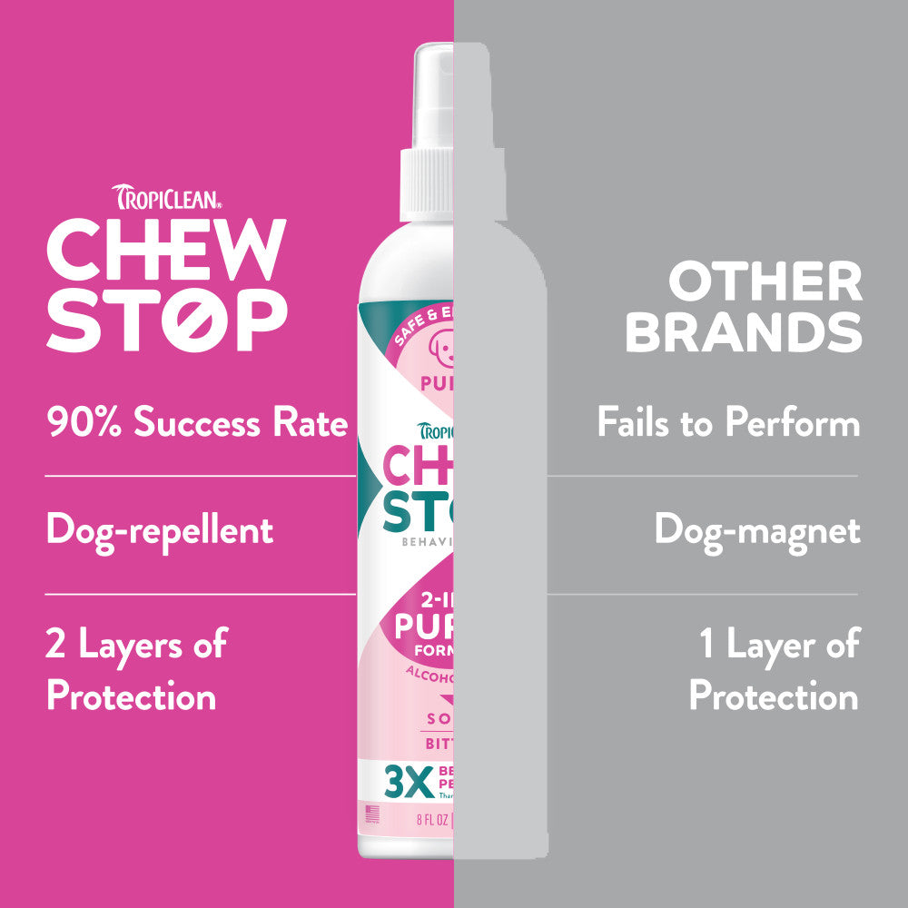 TropiClean Chew Stop Behavior Aid Puppy Spray bottle with comparison product text on a pink and gray background