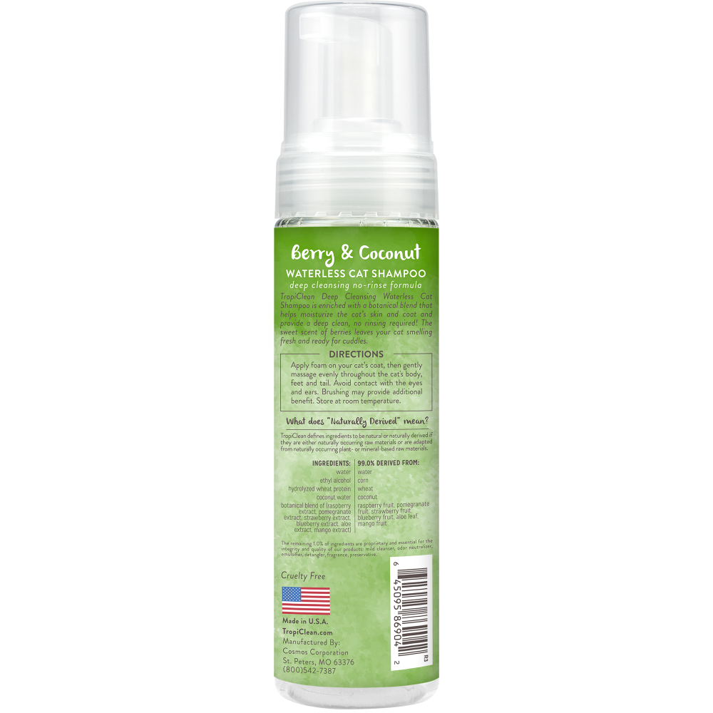 TropiClean Deep Cleansing Waterless Cat Shampoo, image of back of bottle