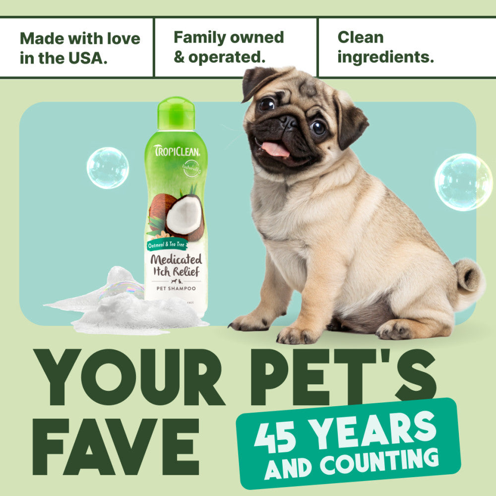 TropiClean Oatmeal & Tea Tree Medicated Itch Relief Shampoo for Pets, with a pug and promotional text Made in USA
