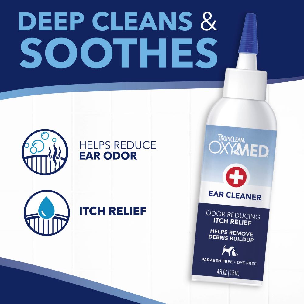 TropiClean OxyMed ear cleaner for dogs and cats, bottle with text highlighting benefits on a blue and white background