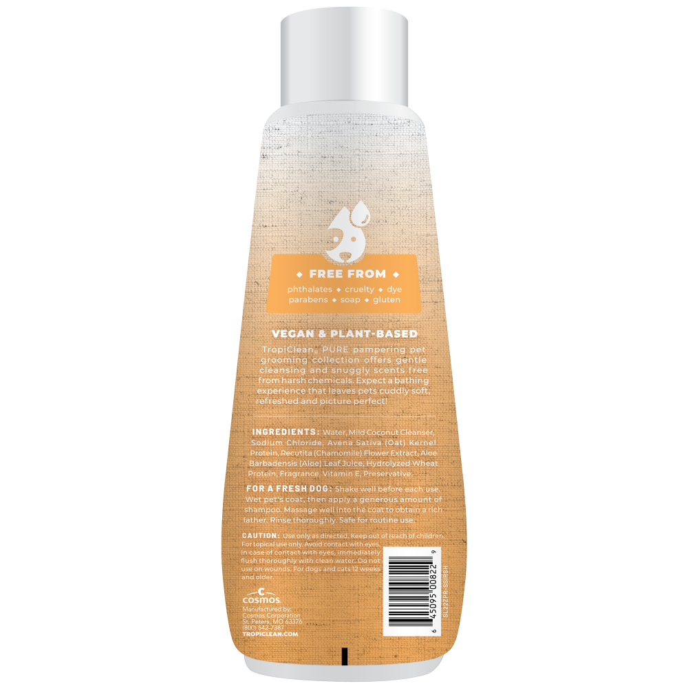 TropiClean PURE Sunset Summer Oatmeal Itch Relief Plant-Based Pet Shampoo, back of 22oz bottle