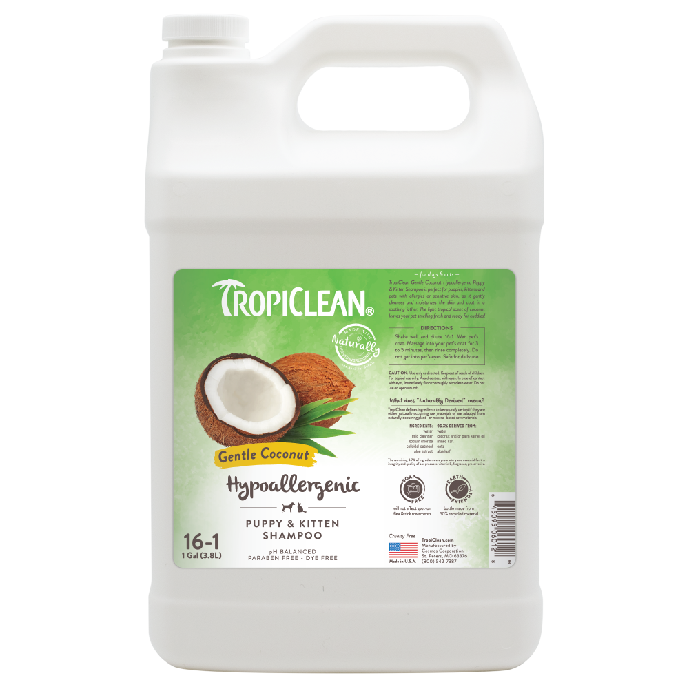 TropiClean Gentle Coconut Hypoallergenic Puppy and Kitten Shampoo, image of front of 1 gal bottle