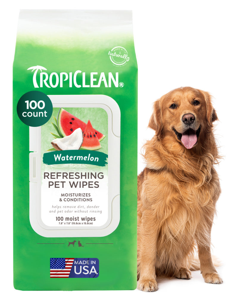 TropiClean Watermelon 2-In-1 Refreshing Wipes for Dogs & Cats, front view of package