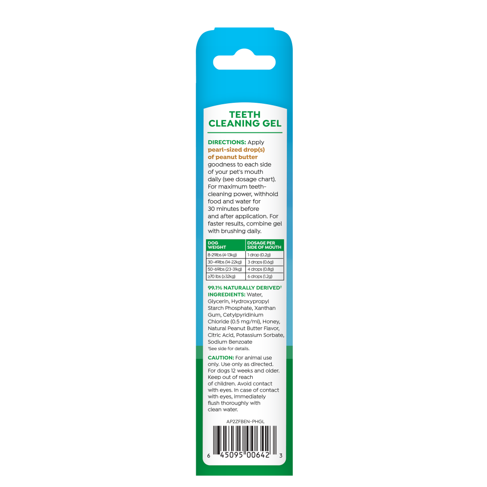 Fresh Breath Enticers Peanut Butter & Honey Tartar Control Dog Toothpaste by TropiClean, back of 2oz package.