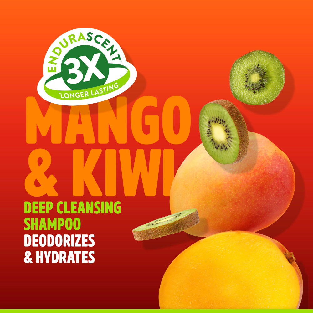 TropiClean EnduraScent™ Mango Kiwi Pet Shampoo, image of mango and kiwis with branding text