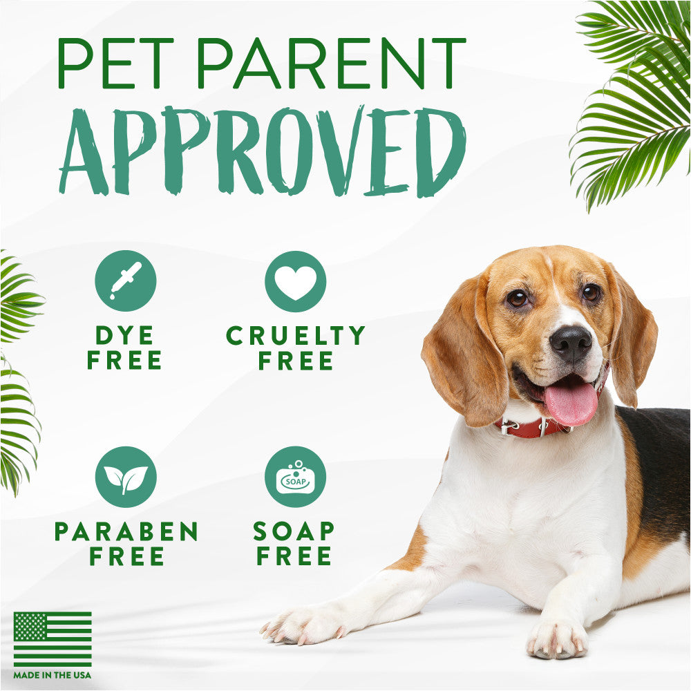 Dog with 'Pet Parent Approved' label for TropiClean Alcohol-Free Ear Wash for Dogs & Cats