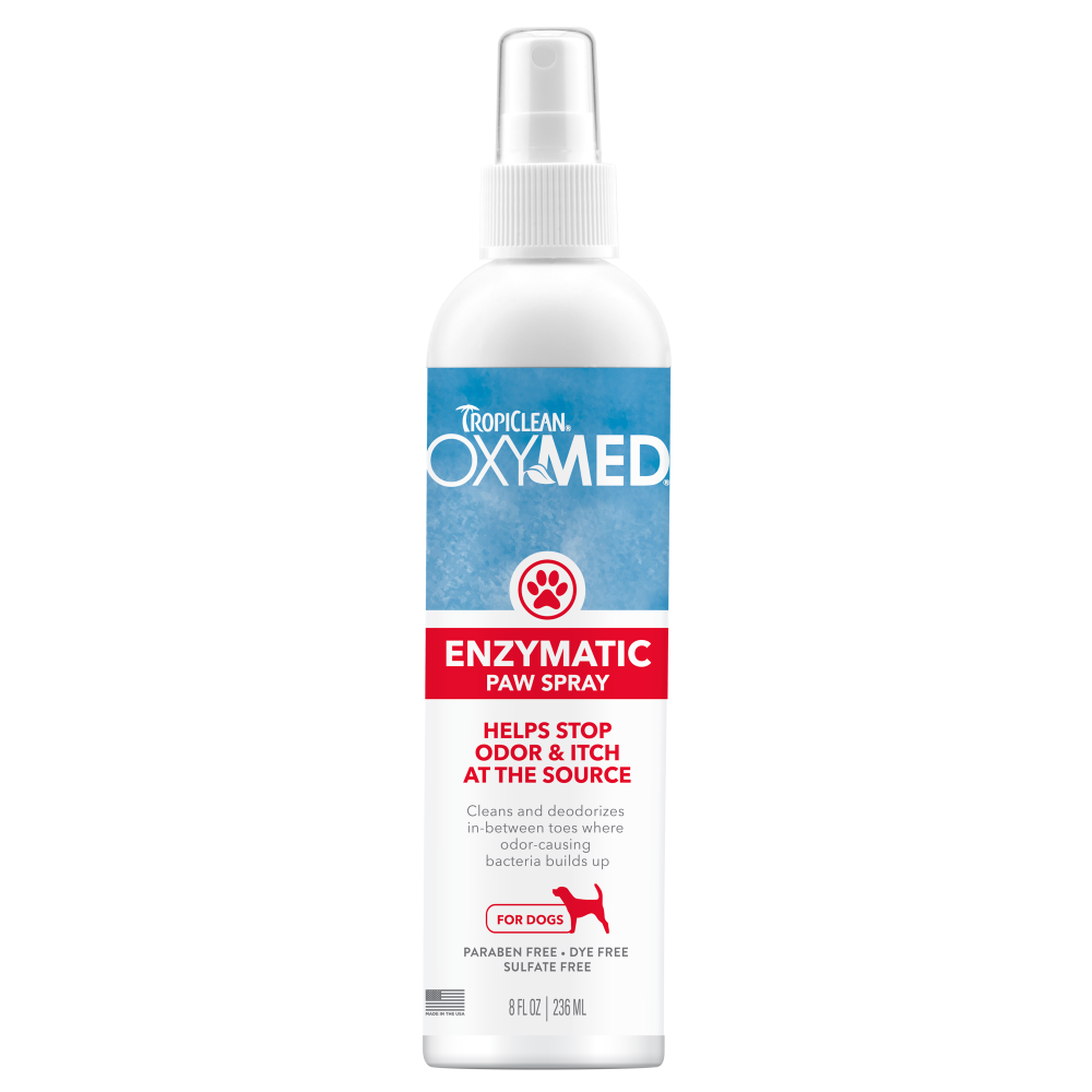 TropiClean OxyMed Enzymatic Paw Odor and Itch Pet Spray, front of 8oz spray bottle