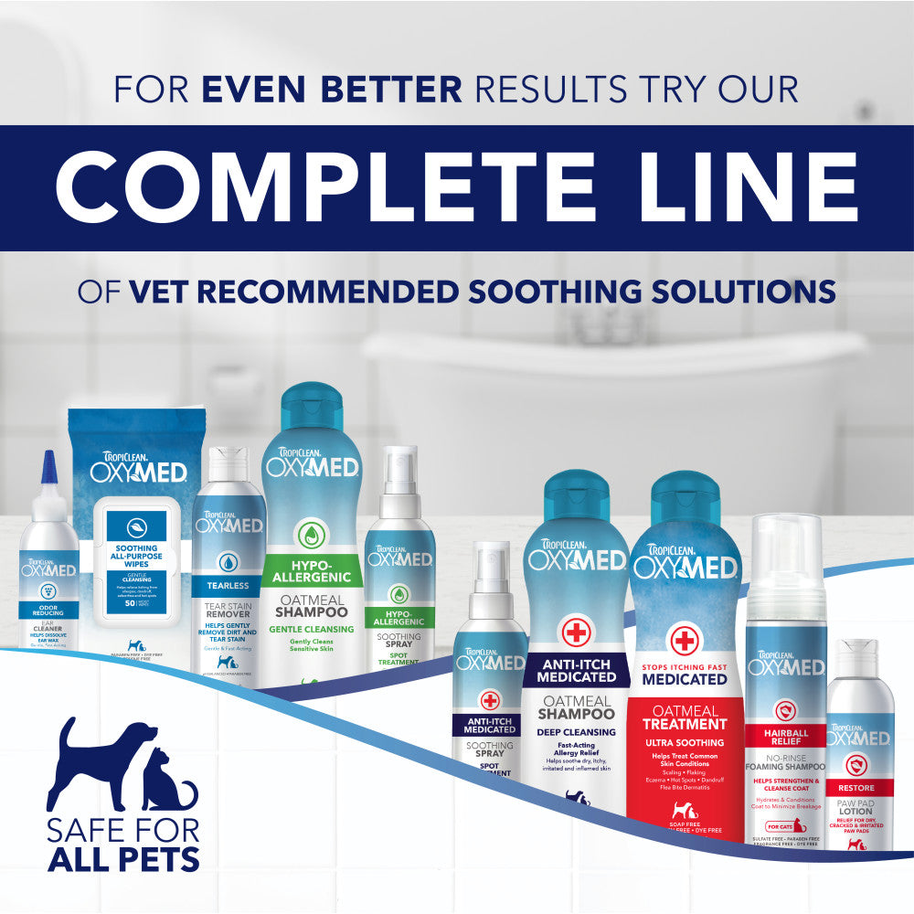 OxyMed pet care products with text promoting a complete line of vet-recommended soothing solutions.
