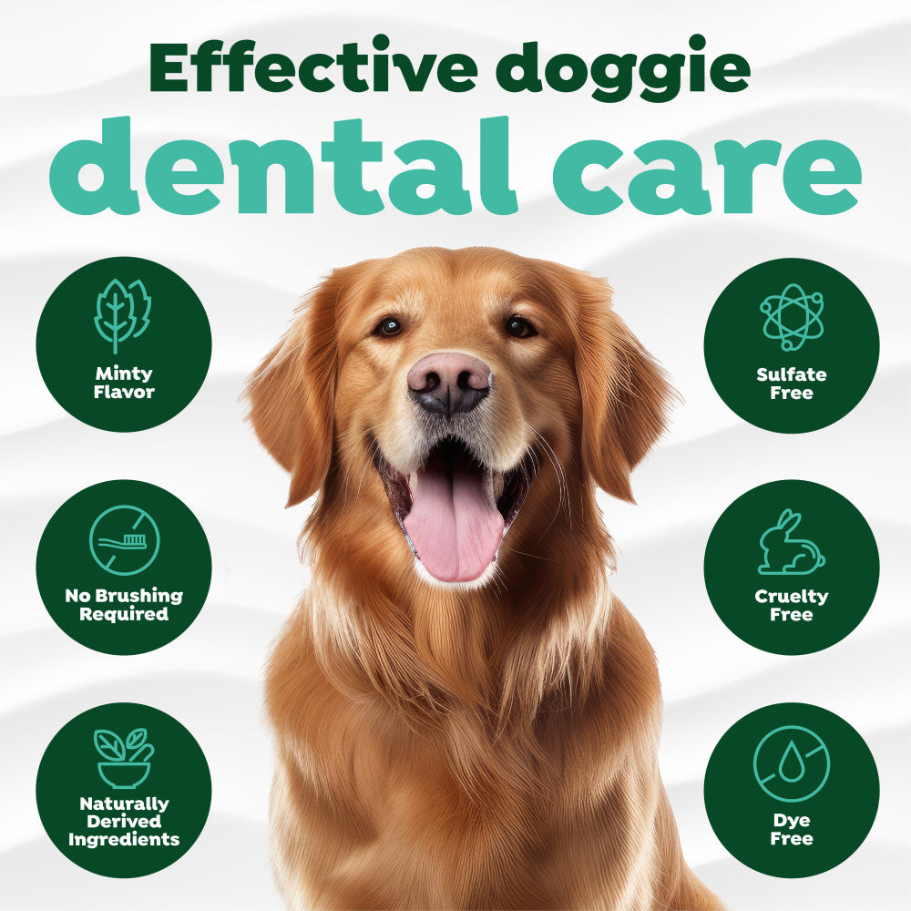 TropiClean Fresh Breath No-Brushing Dental Gel for Dogs. Dog with 'Effective doggie dental care' text and icons.
