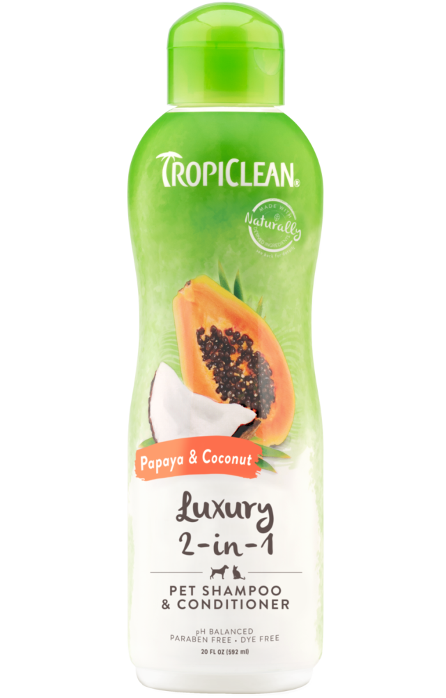 TropiClean Papaya & Coconut 2-In-1 Shampoo and Conditioner for Pets, image of front of 20oz bottle