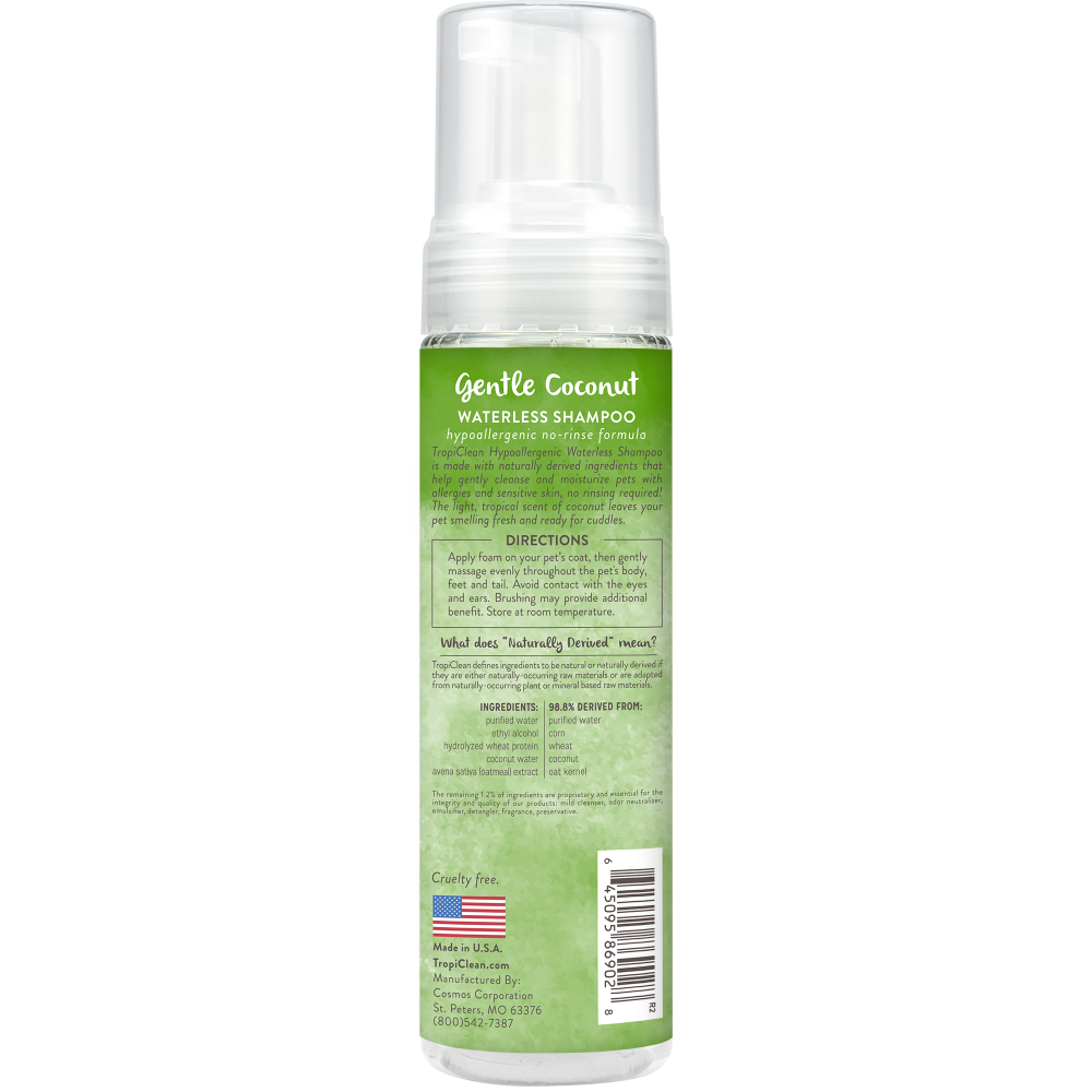 TropiClean Hypoallergenic Waterless Shampoo for Pets, image of back of bottle