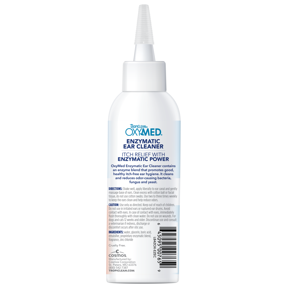 TropiClean OxyMed Enzymatic Ear Cleaner for Pets, image of back of bottle