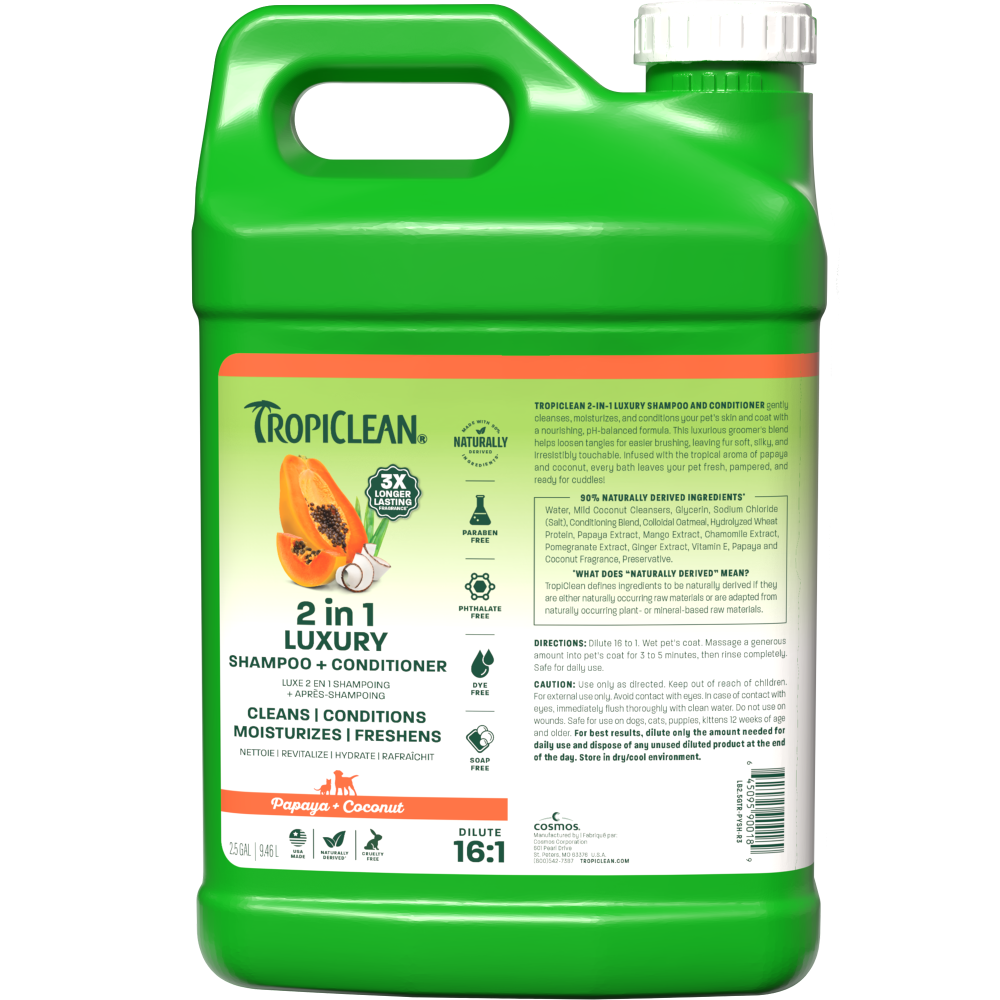 TropiClean papaya shampoo 2.5 gallon front.