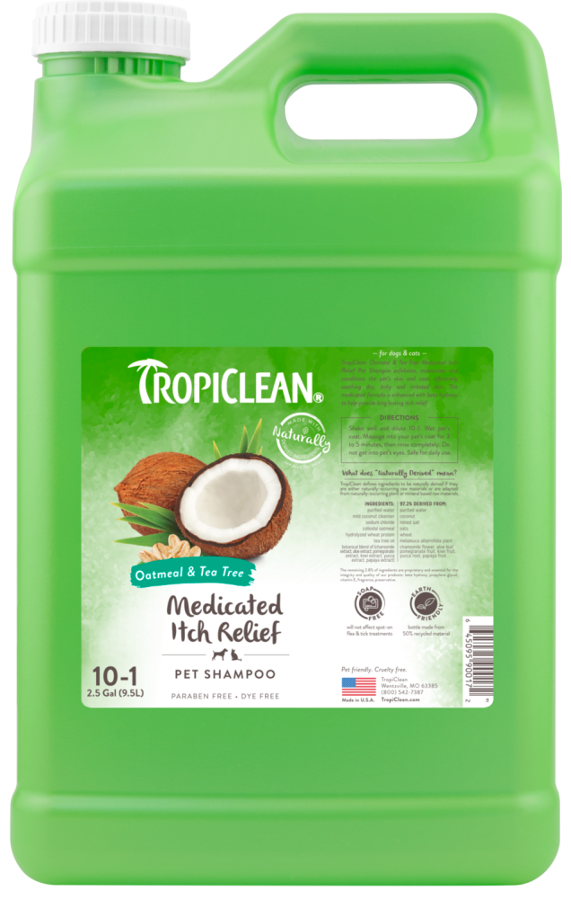 TropiClean Oatmeal & Tea Tree Medicated Itch Relief Shampoo for Pets, front view of 2.5 gal container