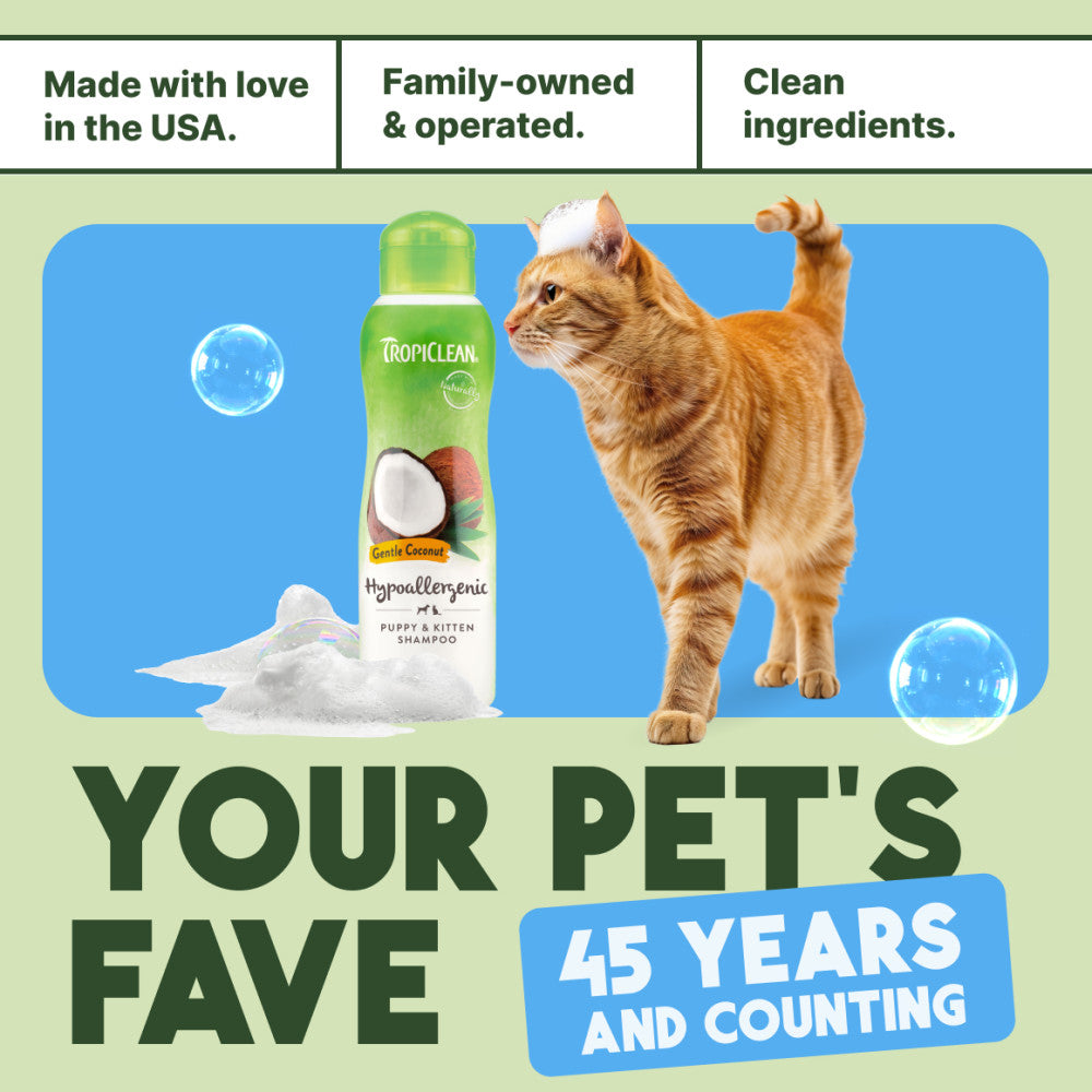 TropiClean Gentle Coconut Hypoallergenic Cat & Kitten Shampoo bottle with a cat and promotional text on a green background
