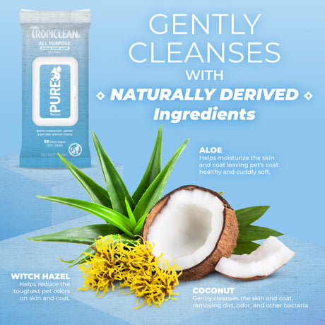 TropiClean PURE All Purpose Plant Based Wipes for Dogs & Cats with aloe, coconut, and witch hazel on a blue background