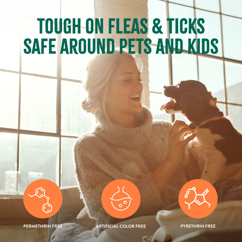 TropiClean Flea and Tick Pet & Bedding Spray for Dogs. Woman holding a dog with product features highlighted, including permethrin-free, artificial color-free, and pyrethrin-free labels.