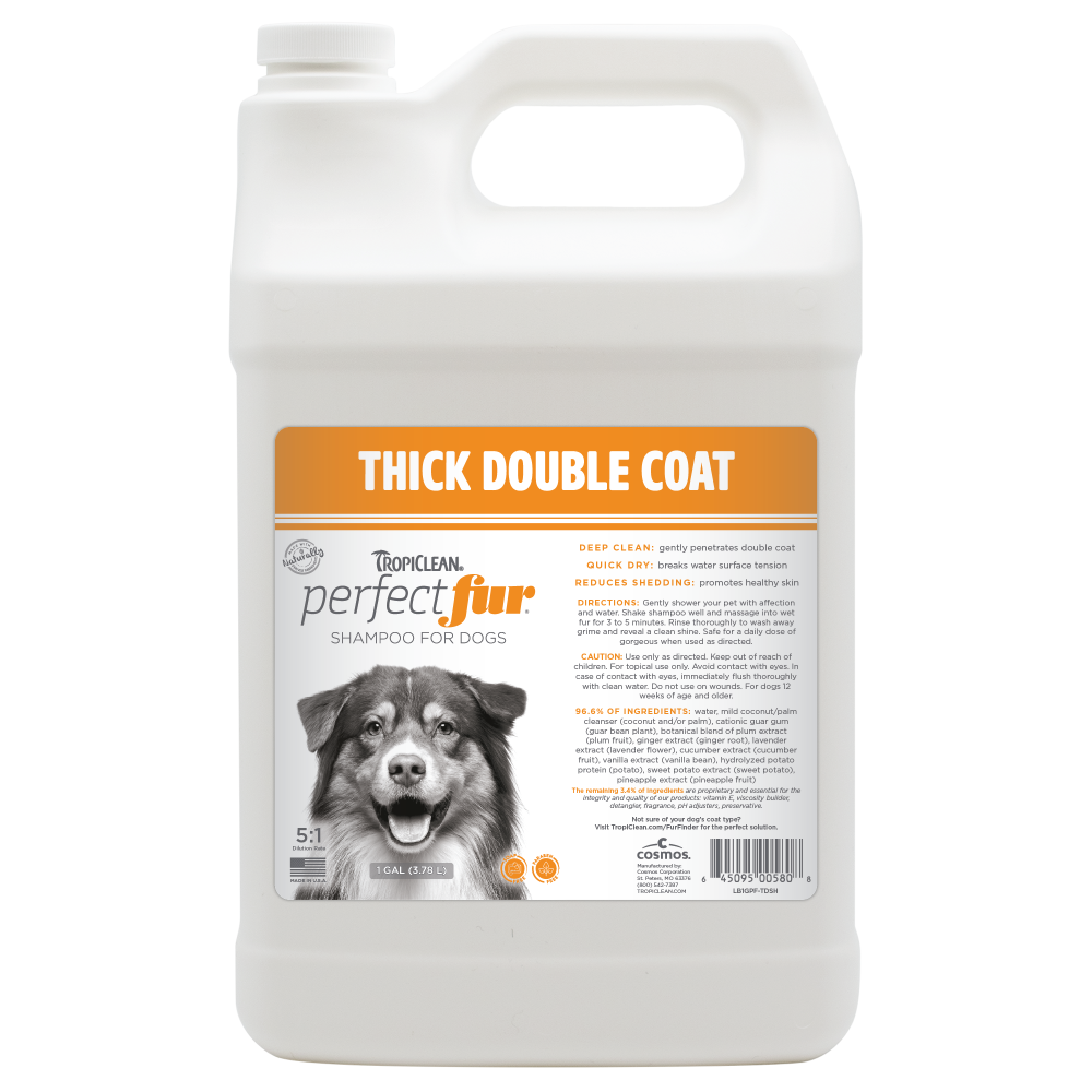 Tropiclean Perfect Fur Thick Double Coat 1 Gallon dog shampoo on a white background